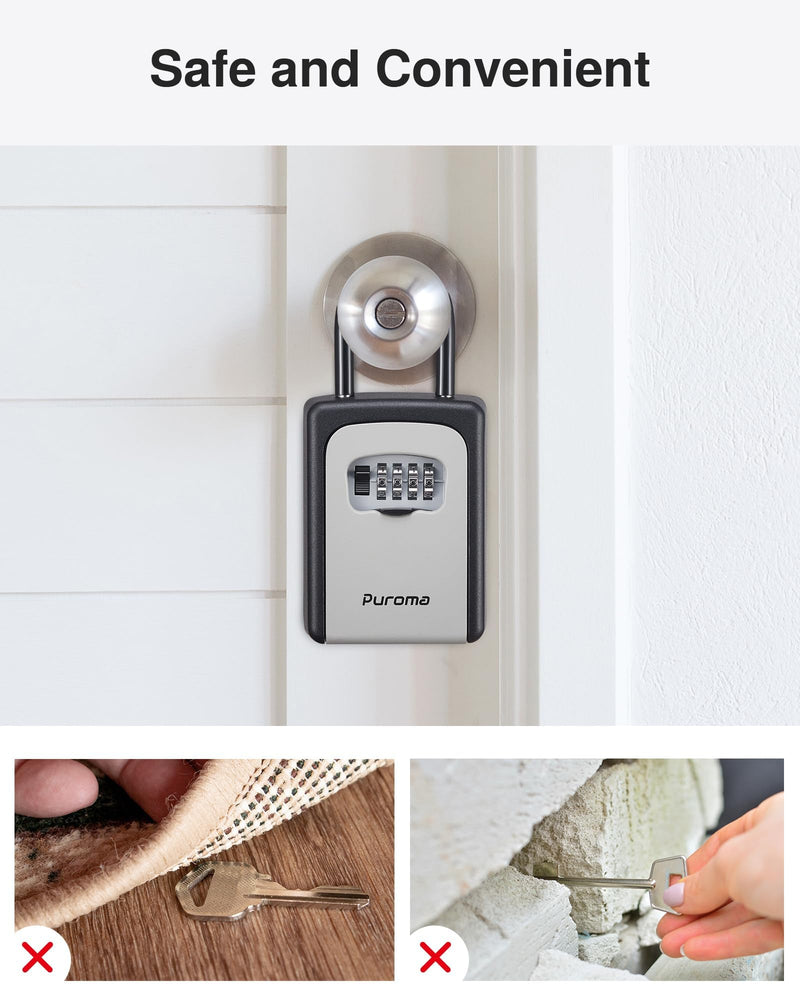 Puroma Lock Box, Large Key Lock Box Resettable Combination Code Lockbox, Portable Wall Mount Lockbox Security Safe Box for Outside Outdoor Home Office Door Handle House Key, Gray (1 Pack) 1 Grey