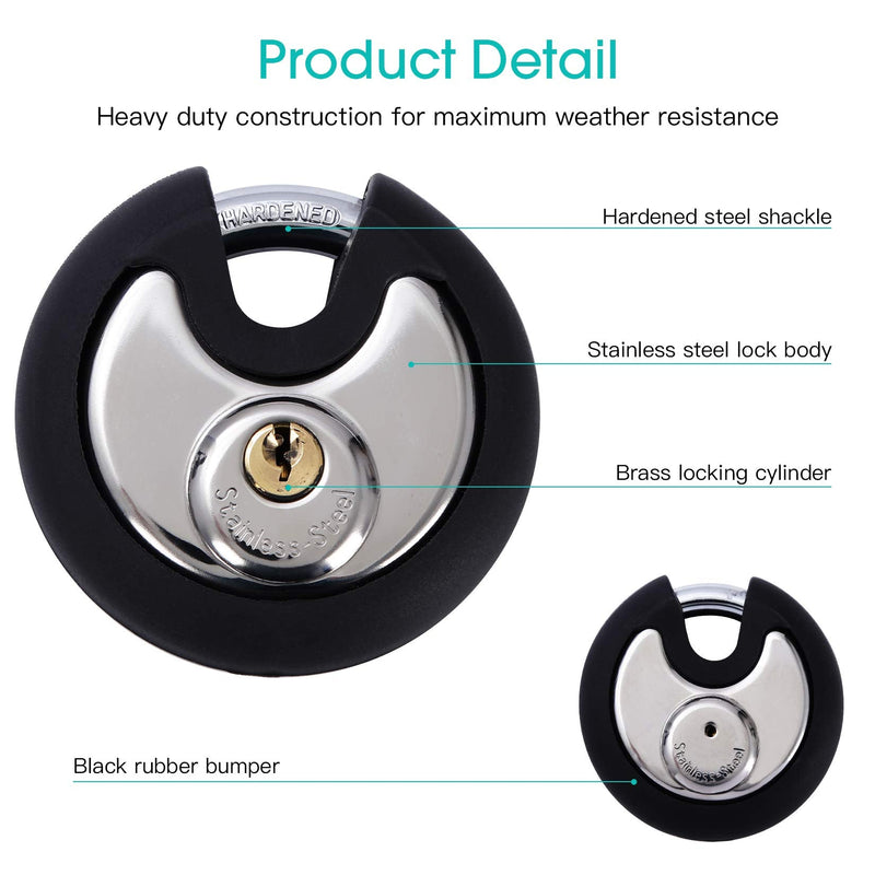 DAYGOS Outdoor Padlock for Storage Unit, Waterproof Stainless Steel Disc Lock with Rubber Bumper for Sheds,Gate and Fence, Heavy Duty Discus Keyed Pad Lock (3/8-Inch Shackle) 1 Pack round disc padlock black and silver