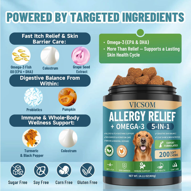 Dog Allergy Chews Omega 3 is Human, Dog Allergy Relief Itch Relief, 200 Chews Anti-Itch for Dogs Itchy Skin, Ear & Paw Licking, Allergy Relief Chews with Probiotics Fish Oil for Gut, Immune & Coat