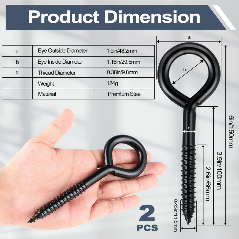 DELSWIN Eye Hooks Screw Eye Bolt - 800Lbs, 6 Inch Heavy Duty Eye Hooks, Rustproof Self Tapping Eye Bolts Eyelet Screw for Indoor & Outdoor, Hammock, Swing, Securing Cables Wire (2 Pack) Black (6Inch)-2Pcs