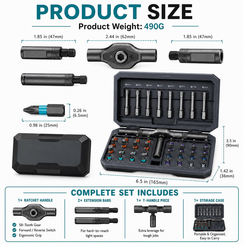 42 in 1 Magnetic Ratcheting T Handle Screwdriver Set with Storage Case | Storage Case, Home, Computer, Furniture, Bicycle Screwdriver Set（42 in 1)