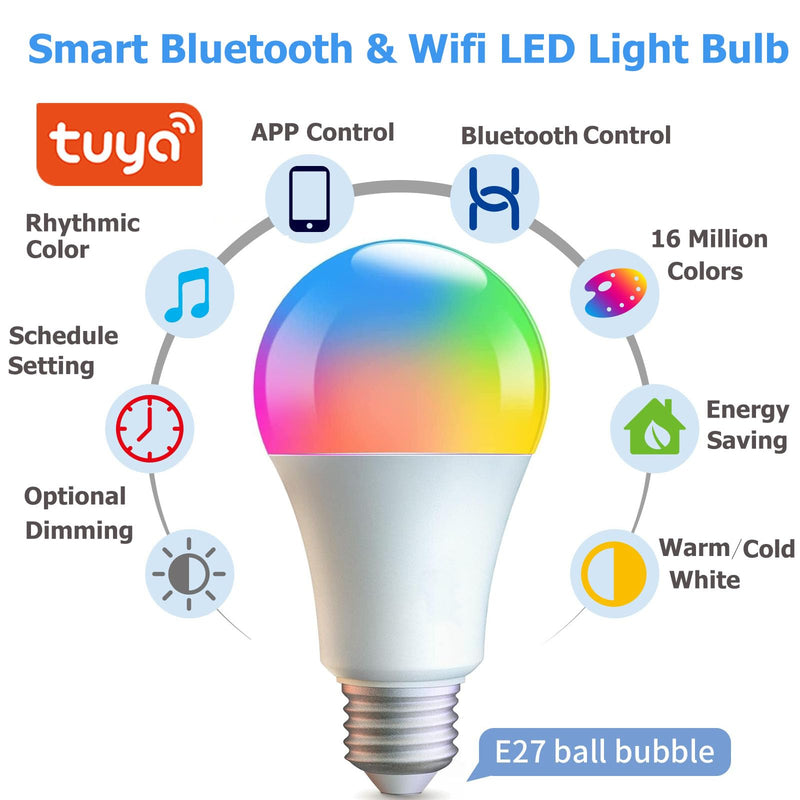 4 Pack Smart Light Bulbs,WiFi & Bluetooth LED Light Bulb That Works with Alexa & Google Home, Color Changing Light Bulb, 10W A19 E26 2.4Ghz WiFi Light Bulbs 60 watt Equivalent, 800lm Dimmable 4 Pack Wifi&bluetooth
