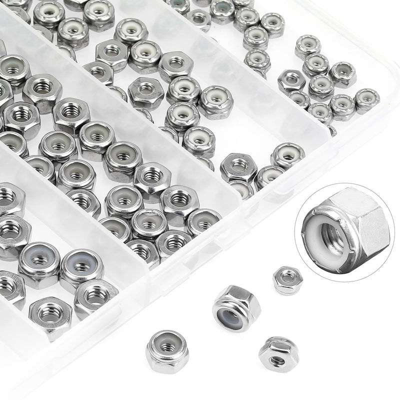 #4-40#6-32#8-32#10-24 1/4"-20 Lock Nuts, HELIFOUNER 126 Pieces 5 Sizes Nylon Insert Hex Lock Nuts Assortment Kit, 304 Stainless Steel (18-8) Locknuts, Coarse Thread #4-40 to 1/4"-20 Lock Nuts Kit