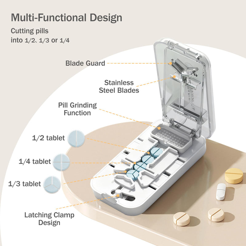Portable Pill Cutter for Small & Large Pills, Cuts Multiple Tablets, 3-in-1 Professional Pill Splitter Cuts into 1/4, 1/3 & 1/2, with Storage Box, Ideal for Seniors & Travel Use (White) White