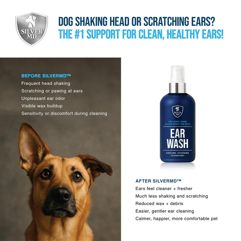 Pet Ear Wash Spray for Dogs & Cats, 8 oz Nano Silver Ear Cleaner, Gentle Ear Flush for Itchy Sensitive Ears, Soothing Cleansing Solution for Wax, Odor & Daily Ear Care