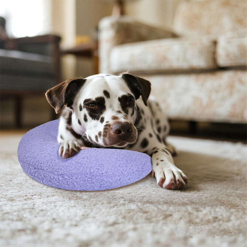Lystaii Cat Calming Pillow for Indoor Pet Small Dog Calming Pillow Soft Fluffy Cat Bed Dog Neck Toy Half Donut Anxiety Relief Toy with Cute Embroidery Pattern (Purple, Peaches) Purple