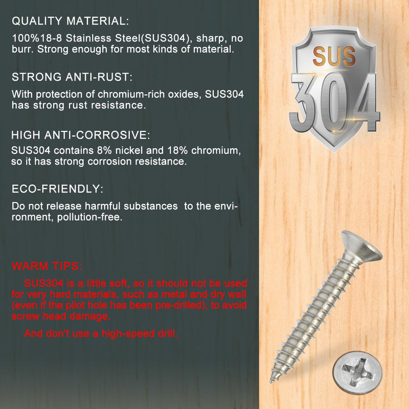 Wood Screws - 120PCS Flat Head Phillips Screws, 304 Stainless Steel Screw with Adjustable Wood Countersink Kit (#6 x 1) #6 x 1"