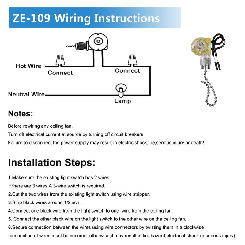 ZE-109 Zing Ear Fan Light Switch, On-Off Speed Switch with Pull Chain Compatible with Hunter Celing Fan Lights, Lamps and Wall Lights (Nickel Pull Chain) ZE-109 ZE Nickel