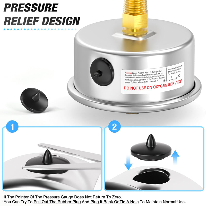 MEANLIN MEASURE 0~100Psi Stainless Steel 1/4" NPT 2.5" FACE DIAL with Reset Pointer Liquid Filled Pressure Gauge WOG Water Oil Air, Lower Mount, with 1/8" x 1/4" NPT and 1/8" x 3/8" NPT Hex Bushing 0-100Psi