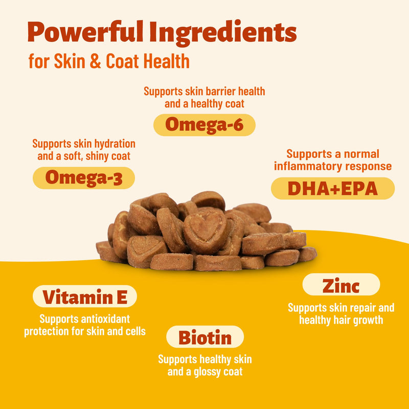 7.76 oz Skin & Coat Bites for Dogs - with Omega 3 from Salmon Oil for Dogs, Flaxseed, Vitamin E & Biotin - Skin and Coat Supplement for Itching Skin Relief - Dog Vitamins and Supplements