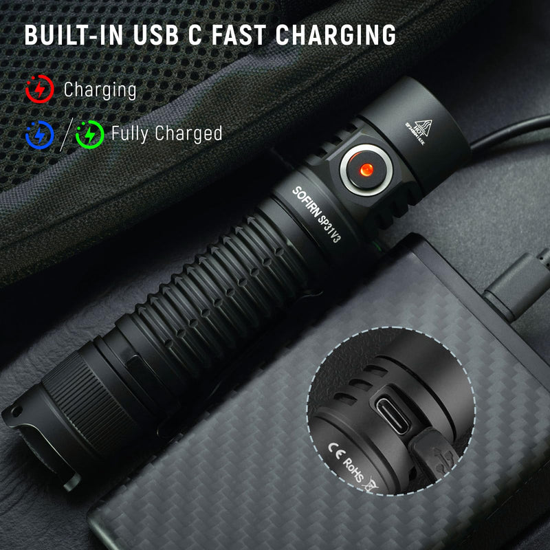 Sofirn SP31 V3 Tactical Flashlight Rechargeable, 2000 High Lumen Pocket Flashlight with Powerful LED, Dual Switches and Battery for EDC, Home, Emergency, Heavy Duty, IP68 Waterproof / Compact Built Black