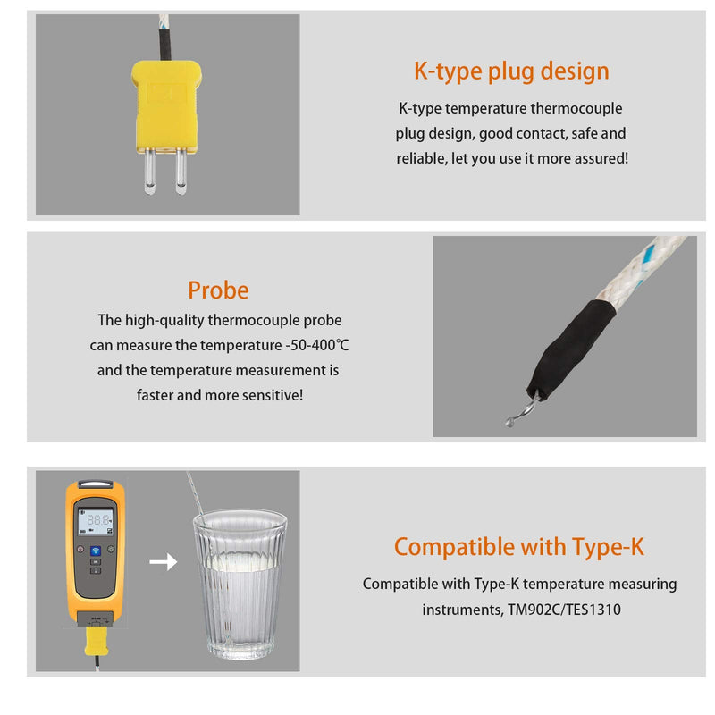 10 Pieces 3 Meters K Type Mini-Connector Thermocouple Temperature Probe Sensor K Type Thermocouple Wire Temperature Sensing Line Measure Range -50 to 400 Celsius, Compatible with TM902C/ TES1310 10