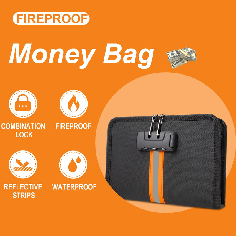Fireproof Money Bag,Money Bag with Lock and Zipper,Safe Fireproof Waterproof,Suitable for Cash, Mobile Phones, Keys, Credit Cards Black 8*1.1*5 inches