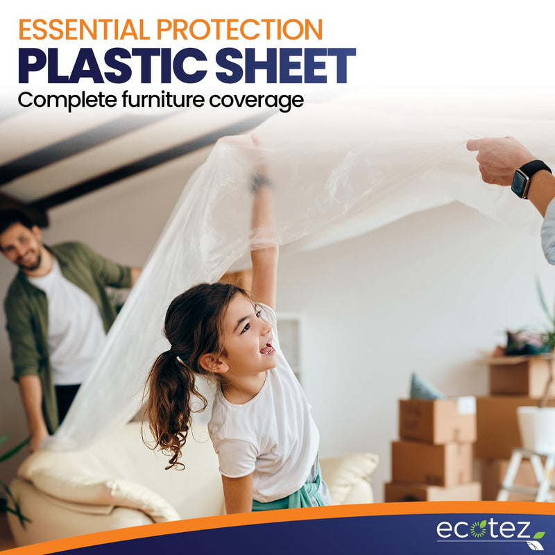 6 Pack 12 x 9 ft Extra Large Painter's Drop Cloth - Light & Durable Dust Cover - Clear Plastic Sheet - Paint Drop Cloth - Plastic Floor Protector 0.4 Mil - 6 Pack