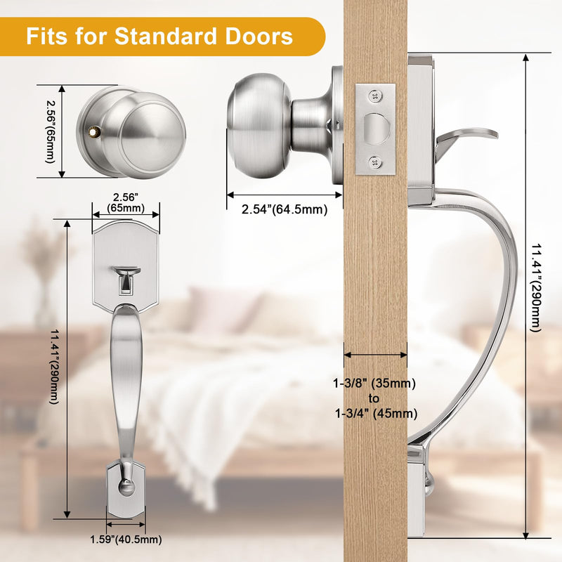 Probrico Brushed Nickel Entry Door Handleset,Door Handle Exterior with Interior Door Knob,Reversible Front Door Knob No Lock,1Pack 1