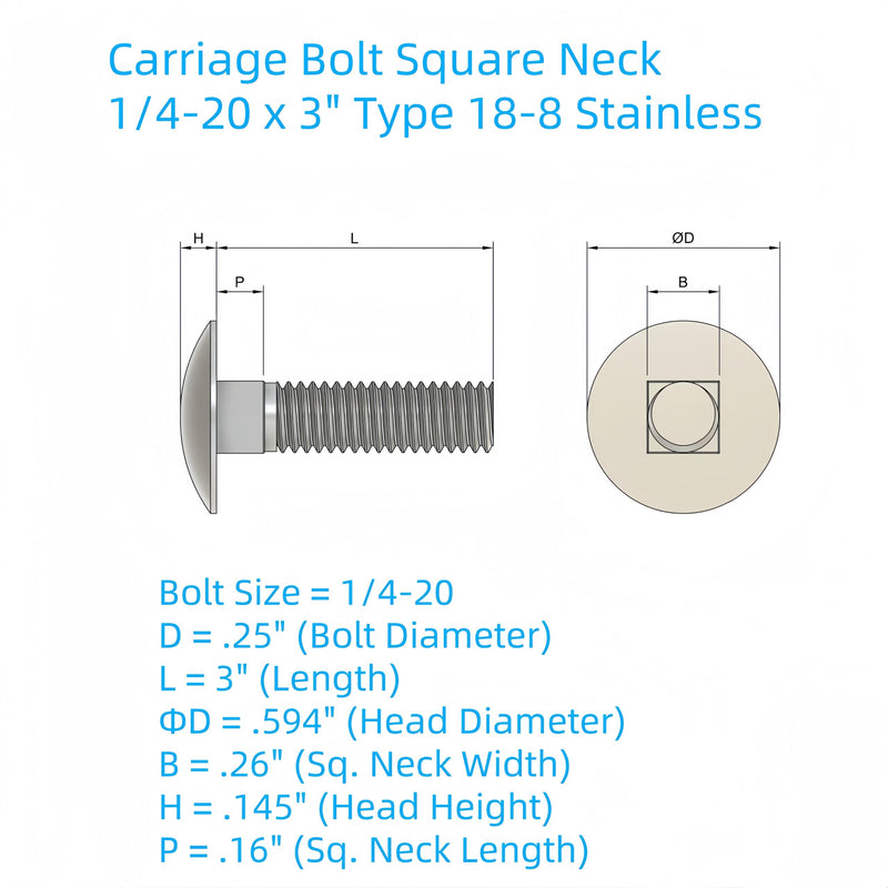 1/4"-20 X 3(25pc) Stainless Carriage Bolt, 18-8 Stainless Steel Full Thread Coverage,Carriage Bolt,by SANTIE 1/4"-20 X 3"(25pc)