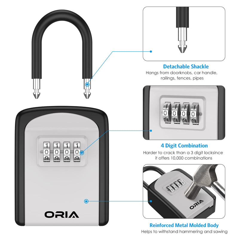 Key Lock Box, [2 Pack] Wall Mounted Key Safe Box, Weatherproof 4 Digit Combination Key Storage Lock Box, 5 Keys Capacity Lockbox with Removable Shackle for Indoor Outdoor, School Supplies Silver