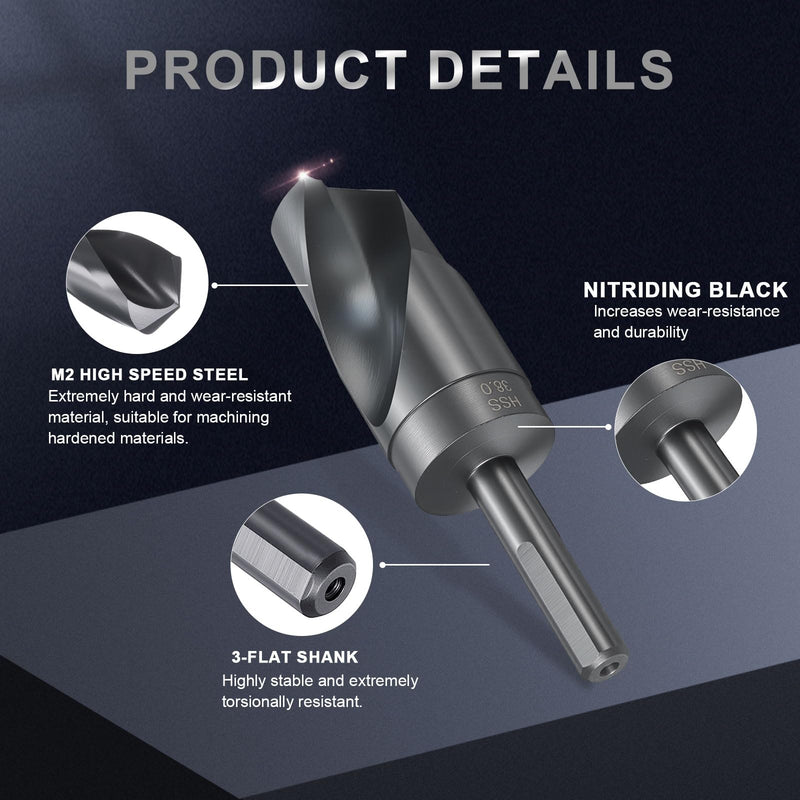 uxcell 38mm Drill Bit 1/2" Reduced 3-Flat Shank M2 High-Speed Steel Nitriding Black 135° Bits for Hard Metal Stainless Steel,1pcs 1/2"