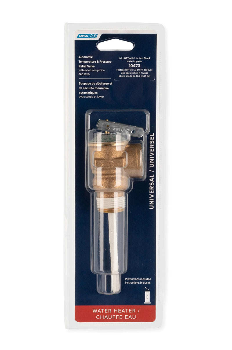 Camco Automatic Temperature and Pressure Relief Valve with Extension Probe and Lever | Features an All Brass Body with a Stainless Steel Pressure Spring | (10473) One Size