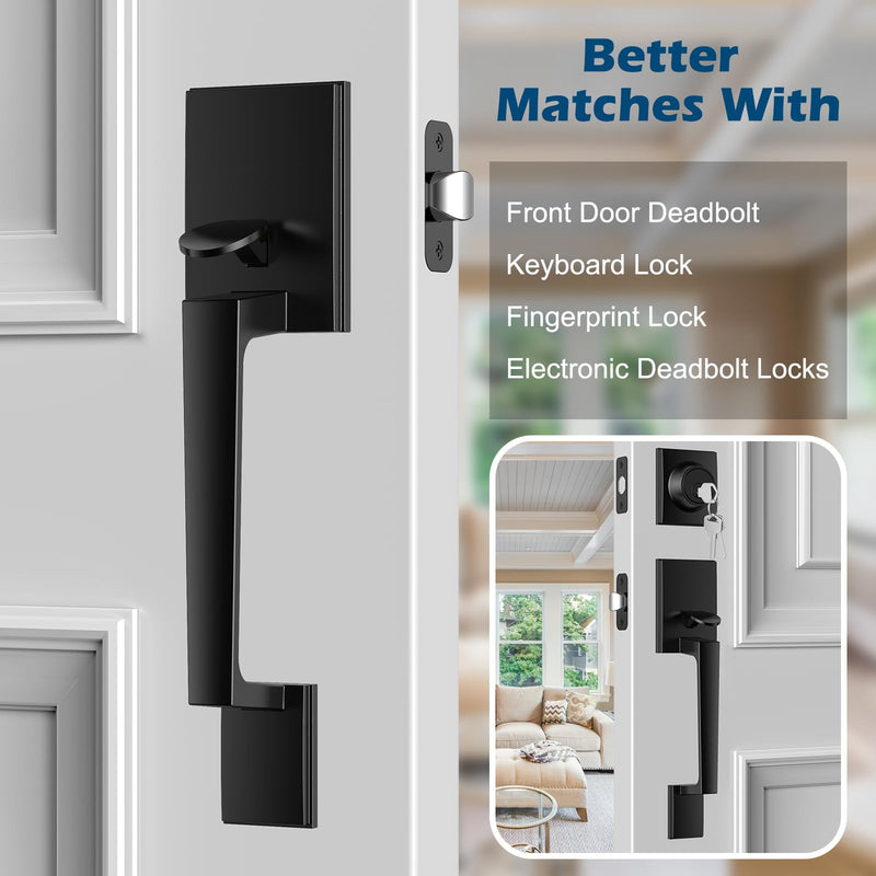Black Front Door Handle No Lock, Exterior Entry Door Handle with Interior Passage Levers, Front Door Lock Set for Left Right Handle Doors, Deadbolt Set Not Included, Non-Locking
