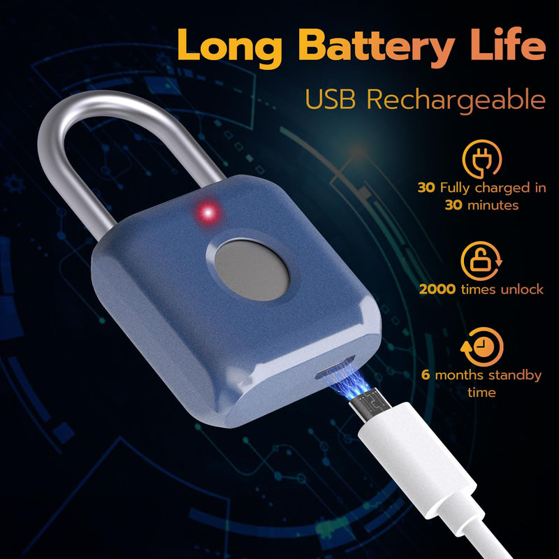 Pothunder Fingerprint Padlock, Smart Padlock, Locker Lock, Biometric Metal Keyless Fingerprint Lock, USB Rechargeable, for Gym Locker, Luggage, Backpack(Blue) Blue