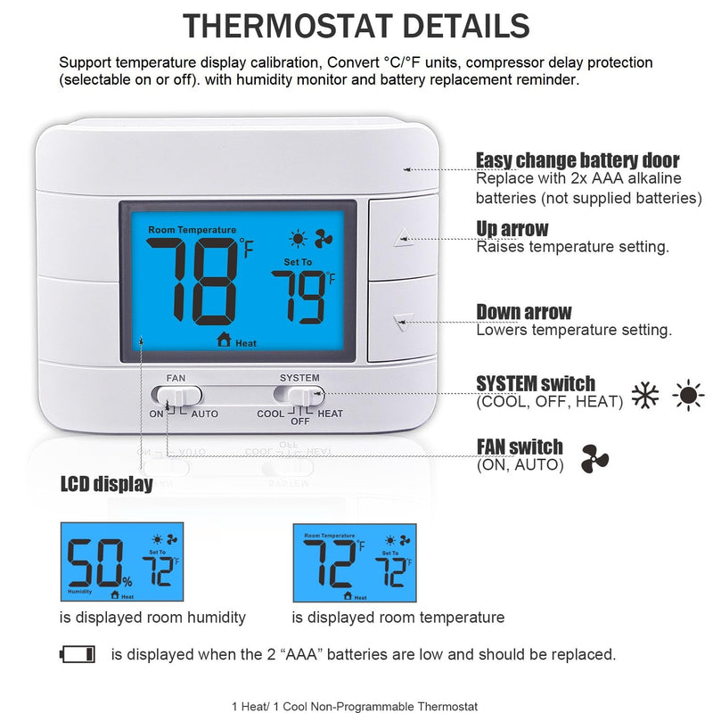 Non Programmable Thermostat for Home 1 Heat/ 1 Cool Single-Stage System, with Room Temperature & Humidity Monitor (LCD Blue Backlit Screen) - NewNest Australia