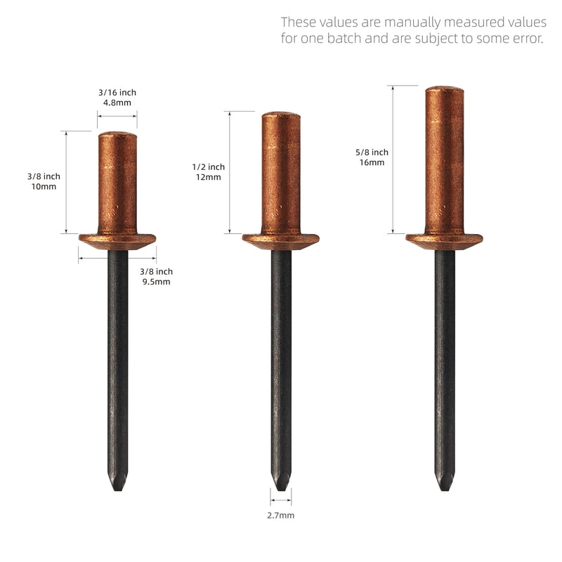 60Pcs Closed End Pop Rivets Kit, 3/16" x3/8,1/2",5/8" 3 Sizes (20 Each) - Copper Dome Head with Steel Mandrel, Sealed Blind Rivets (4.8x10,12,16mm) Copper Steel 3/16"x3/8,1/2",5/8"