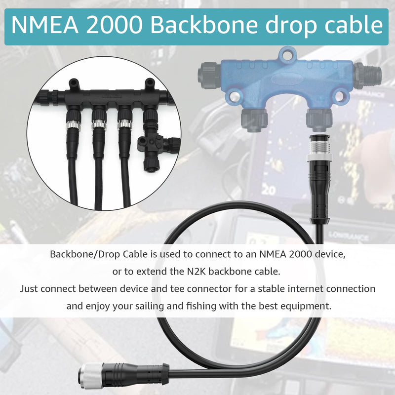 NMEA 2000(N2K) 2 Meter Extension Cable – Backbone & Drop Cable Compatible with Lowrance Simrad B&G Navico Network 5 Pin M12 Thread Marine Grade Cable. (6.56FT) 6.56FT