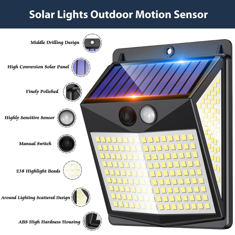 Solar Lights Outdoor Motion Sensor - Solar Motion Detector Lamps for Outside, 238 LED with 300° Angle Illumination and 3 Lighting Modes, IP65 Waterproof Solar-Powered for Garden, Patio, Yard [4 Pack] [4 Pack]