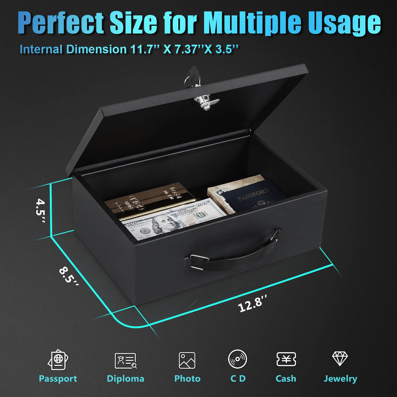 xydled Fire Resistant Safe Fire Safe Box with Key Lock for Home Office Security Storage for Valuables Documents,12.8 x 8.5 x 4.5 Inch,Black Large Black