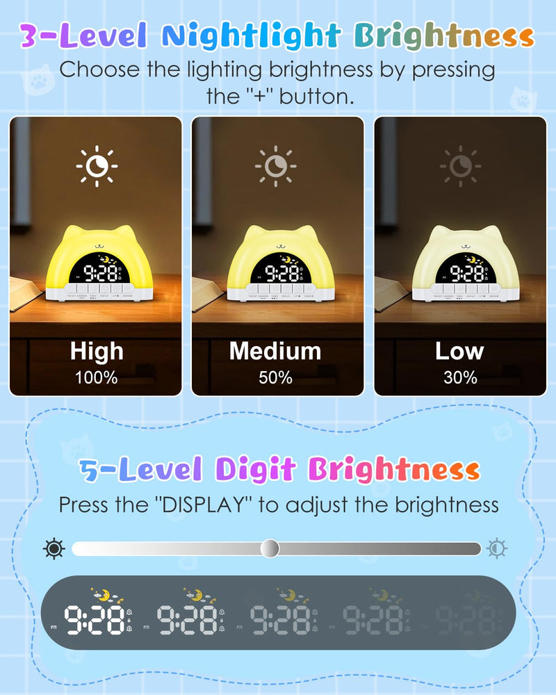 Kids Alarm Clock, OK to Wake Alarm Clock for Kids, Cat Clock with 11 Colors Night Light, 10 Soothing Sounds, Child Lock, Dual Alarms, Sleep Training, Birthday Gift for Boy Girls Children White