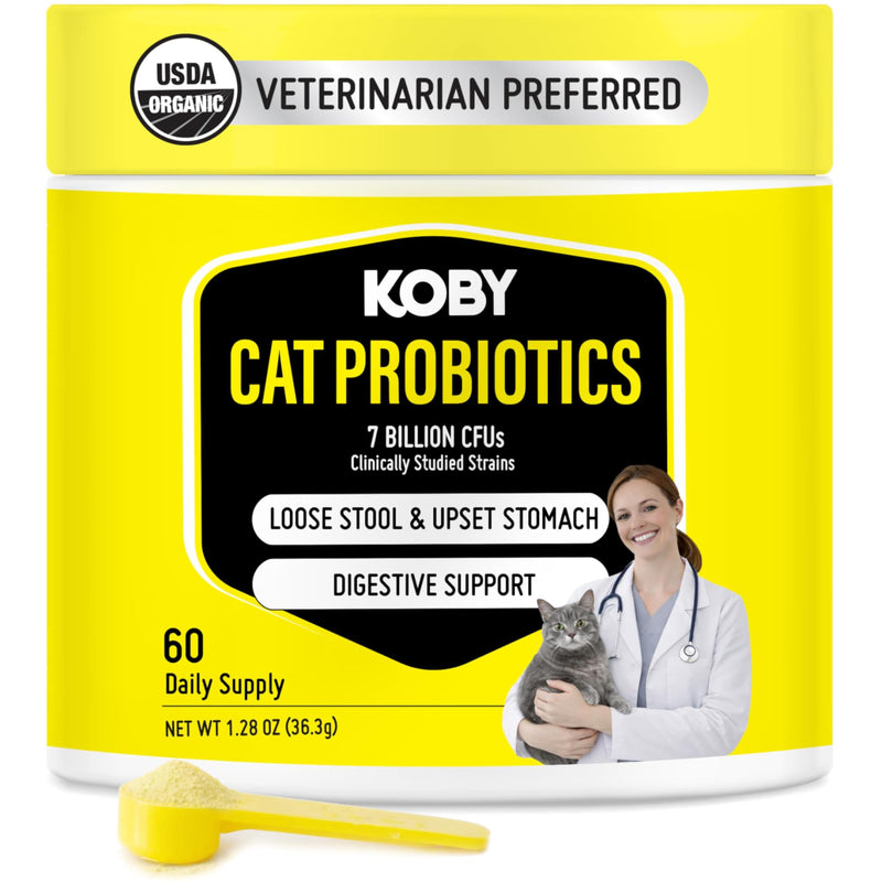 Koby Cat Probiotics | Daily Digestive Support for Sensitive Cats | Helps Loose Stool & Upset Stomach | Certified Organic | Vet Preferred, Clinical Dose | Easy-to-Use Powder
