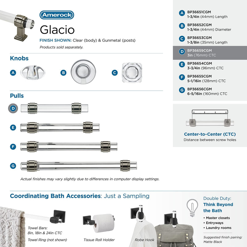 Amerock | Cabinet Pull | Clear/Gunmetal | 3 inch (76 mm) Center to Center | Glacio | 1 Pack | Drawer Pull | Drawer Handle | Cabinet Hardware 3 in (76 mm) Center-to-Center