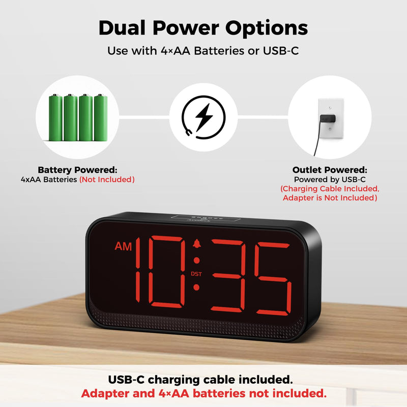 Battery Operated Digital Clock: Cordless Small Alarm Clock for Bedroom Travel - Large Numbers 4 Dimmers for All Ages Red Digits