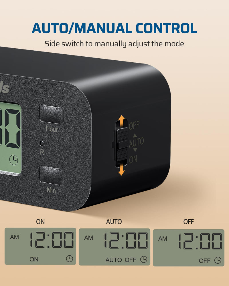 DEWENWILS 24 Hour Programmable Digital Timer Outlet with 1 Grounded Outlet, 2 Pack Timers for Electrical Outlets, 3 Prong Light Timer for Indoor Lamp Fan Aquarium, 125V/15A/1000W, 1/2 HP, Black Black-2PK