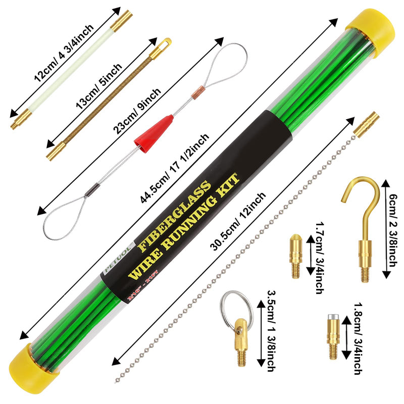 21 Feet Fiberglass Fish Tape Cable Rods, Electrical Wire Running Pull/Push Kit with Hook and Hole Kit Glow Rod, Hook Hole, Green 21FT