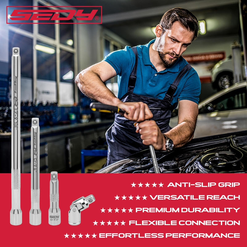 3/8" Socket Extension Bar Set: 4-Piece Professional Socket Extension Set Include 3, 6, and 10 Inch Extensions and 3/8 Inch drive Universal Joint Socket, Premium Cr-V Steel Construction