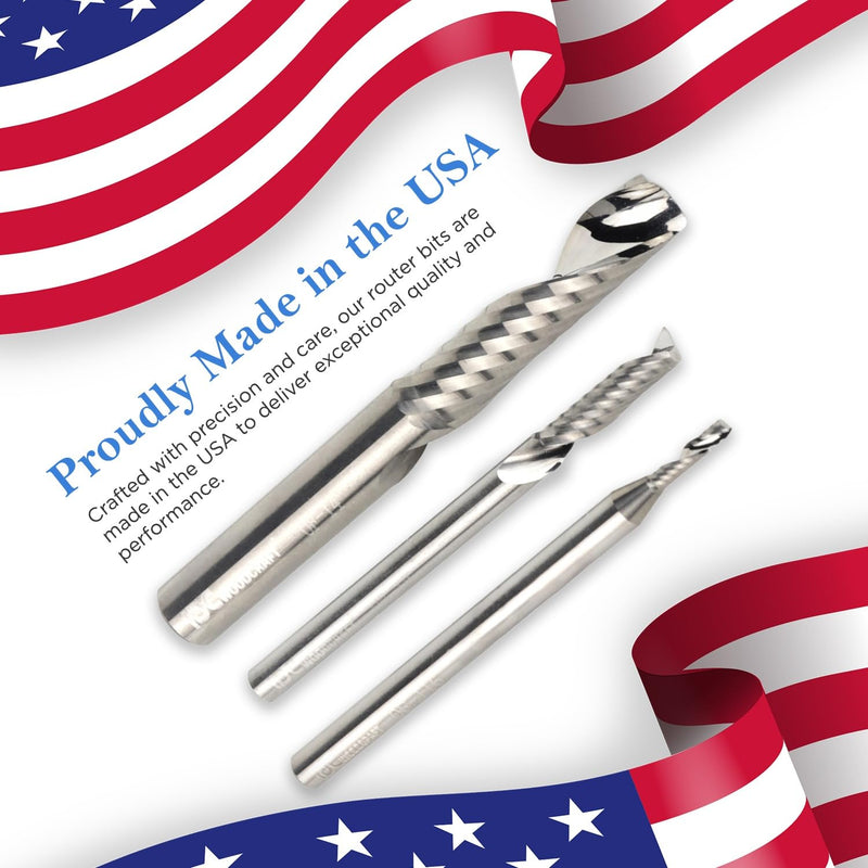 O-Flute CNC Router Endmill Bit Set for Acrylic, HDPE, ACM and Plastics - Includes 1/4", 1/8" [Premium], 1/16" O-Flute Bits - 100% Carbide, Precision Cutting, Ideal for Plastics - 1/4" & 1/8" Shanks