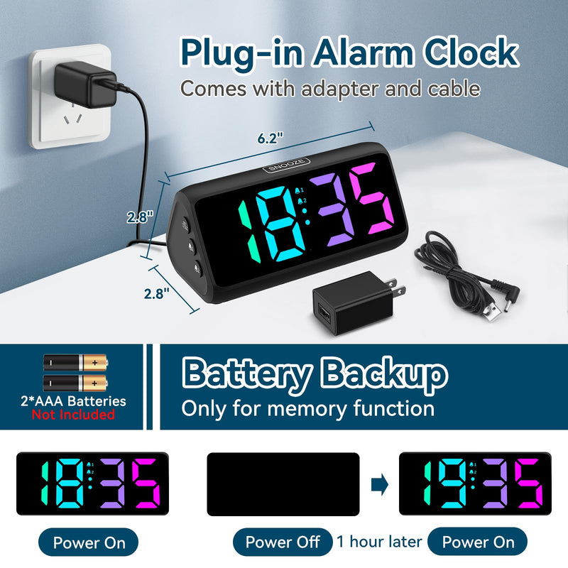 Netzu Loud Alarm Clock for Heavy Sleepers, RGB Alarm Clocks for Bedrooms Seniors Kids, Plug in Digital Clock with 5 Dimmers, 2 Alarms, 4 Volumes and Snooze Black
