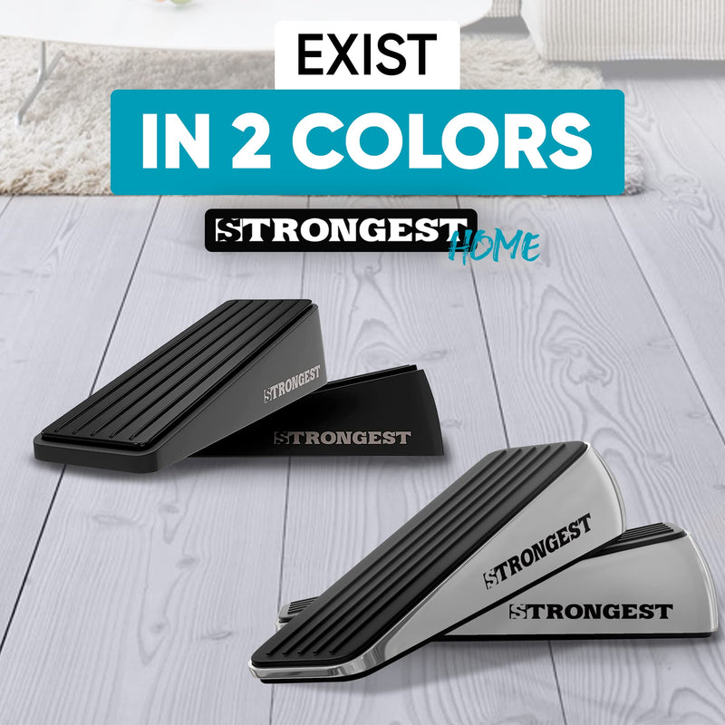 Strongest Home Door Stopper, Heavy Duty Door Stop Wedge Made of Premium Quality Zinc and Rubber Suits Any Door, Any Floor, Plus Set of 2 Self-Adhesive Wall Bumpers Black Silver 2 Pack