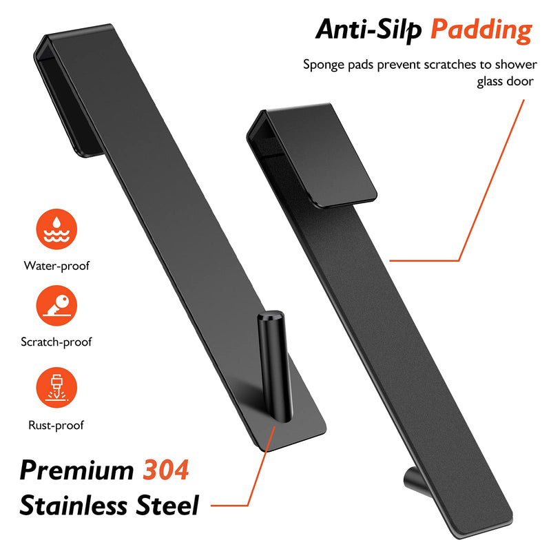 Shower Door Hooks(7.5 Inch),Extended Over Door Hooks for Bathroom Frameless Glass Shower Door,Stainless Steel Towel Hooks,Heavy Duty Rack Hooks for Robe,Towel-2 Pack-Black Black 7.5IN-2 Pack