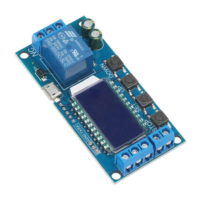 DROK Timer Relay, Time Delay Relay DC 5V 12V 24V Delay Controller Board Delay-off Cycle Timer 0.01s-9999mins Trigger Delay Switching Relay Module with LCD Display Support Micro USB 5V Power Supply 1pcs Blue