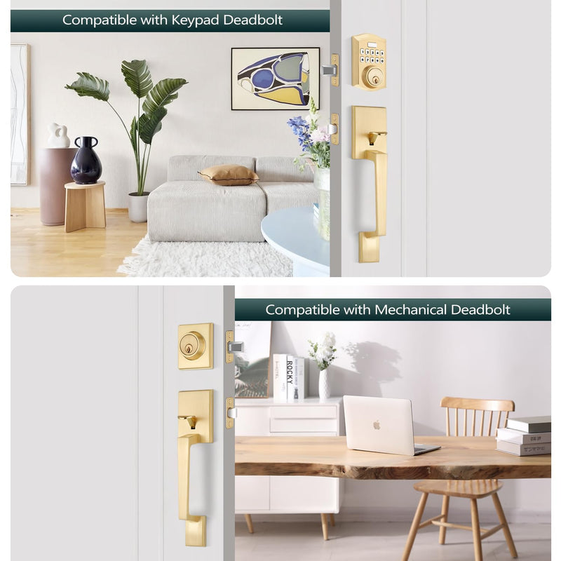 EHOMEWARE Gold Front Door Handle, Exterior Door Handle No Lock, Heavy Duty Entry Door Handleset, Reversible Door Lever for Left/Right Handed Doors, Satin Brass Finish