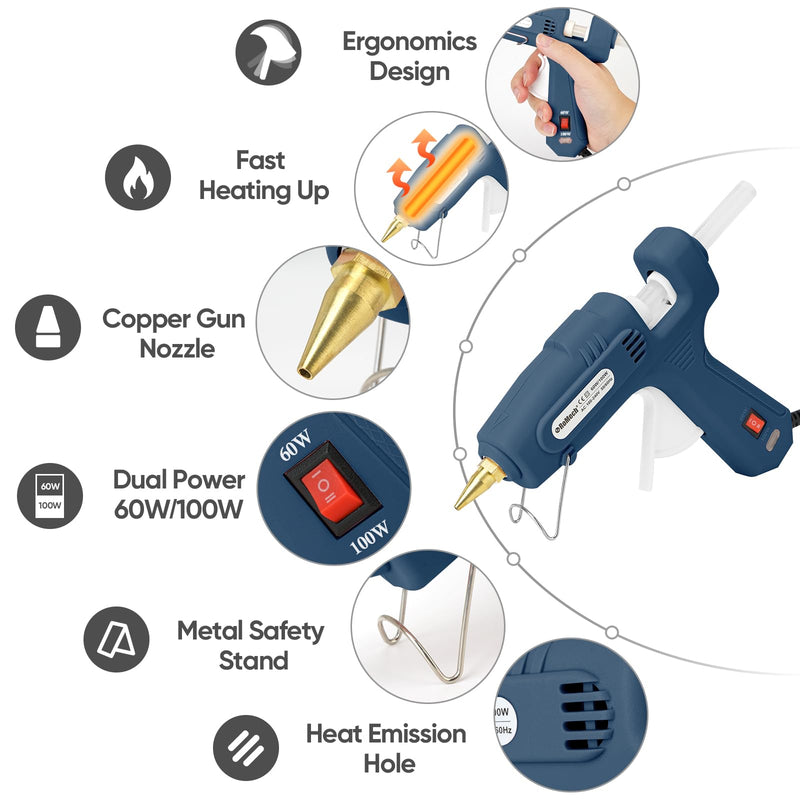 ROMECH 60/100W Dual Temp Hot Glue Gun and Sticks Set, Full Size with Case Blue