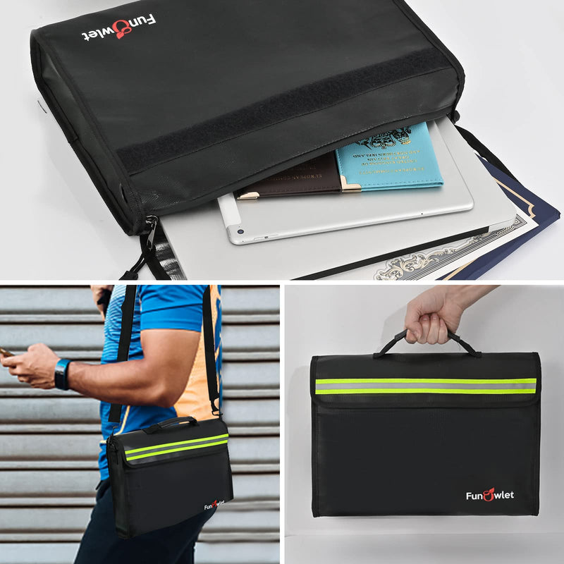 Fireproof Waterproof Money Document Bag - Large Fireproof Safe Box with Wallet Protector, Fire & Water Resistant Storage Organizer Pouch for A4 Documents Holder,File,Jewelry,Passport,Laptop (Black) Black