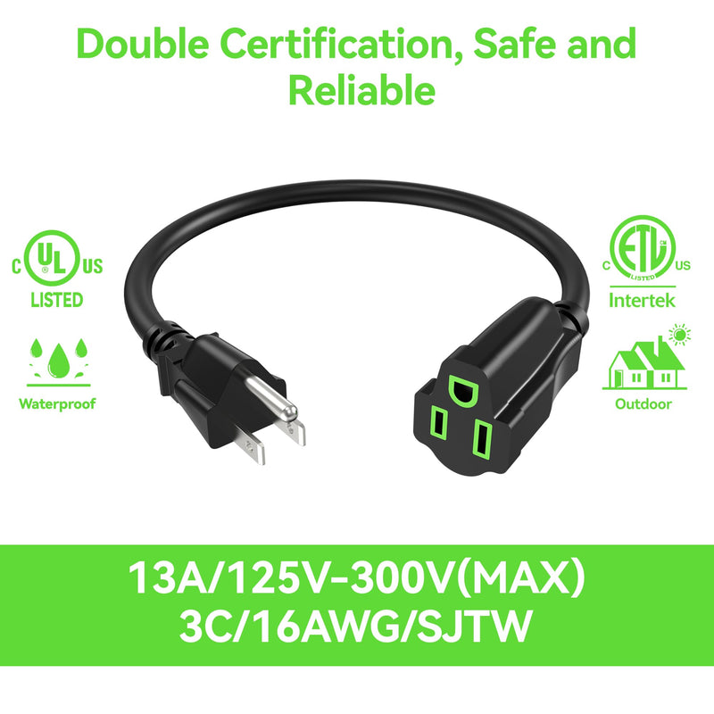 Power Extension Cord 0.5FT/6Inch(2 Pack), Short 3 Prong Electric Extension Cable Outlet Saver, Single Outlet, Heavy Duty, Waterproof, Flexible, 16 AWG, 13A 125V, Extender Wires with 15 Cable Ties 0.5 FT 2 PACK