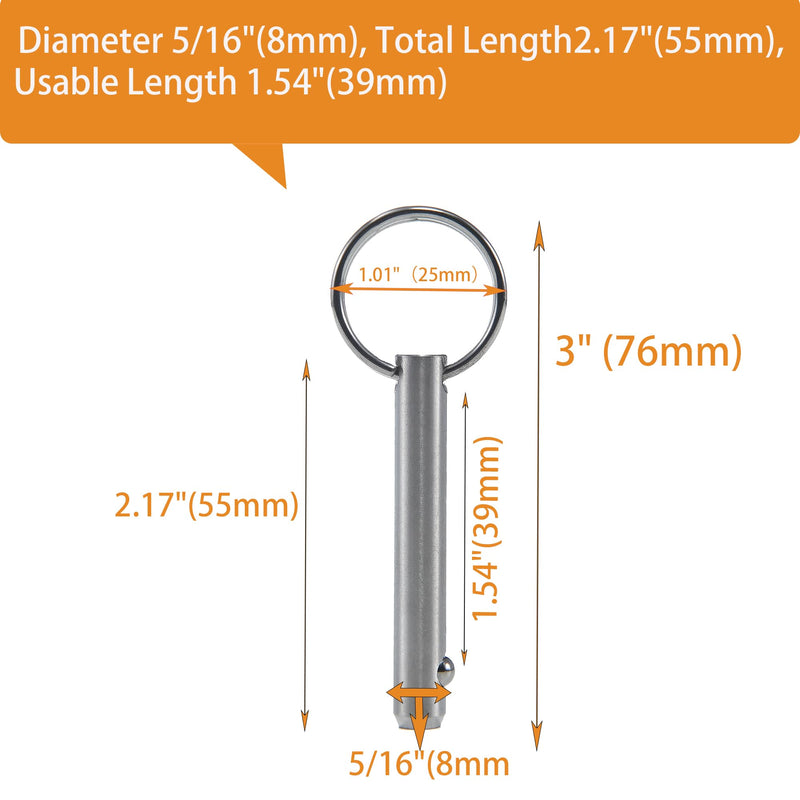 10 Pack Quick Release Pin,Full 316 Stainless Steel, Bimini Top Pin, Marine Hardware,Boat Quick Release Pin,Detent Pin (Diameter 5/16", Total Length 2.17") Diameter 5/16"(8mm), Total Length 2.17"(55mm)