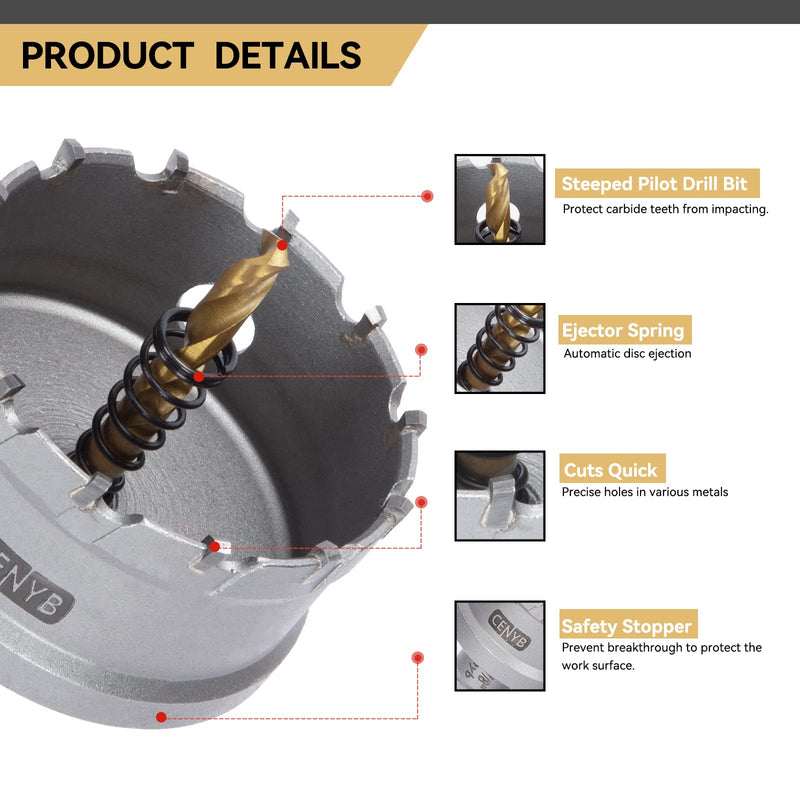 1-5/16" (34mm) Tungsten Carbide Tipped Hole Saw with 2Pcs Titanium-Plated Pilot Drill Bits for Hard Metal,Stainless Steel,Iron,Aluminum Alloy,Wood and Plastic 34mm | 1-5/16"