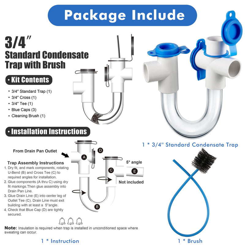 3/4 Inch Standard Condensate Trap with Cleaning Brush, PVC U Trap for HVAC Systems, Air Conditioner, Effectively Drains Condensate(1 Pack) 1