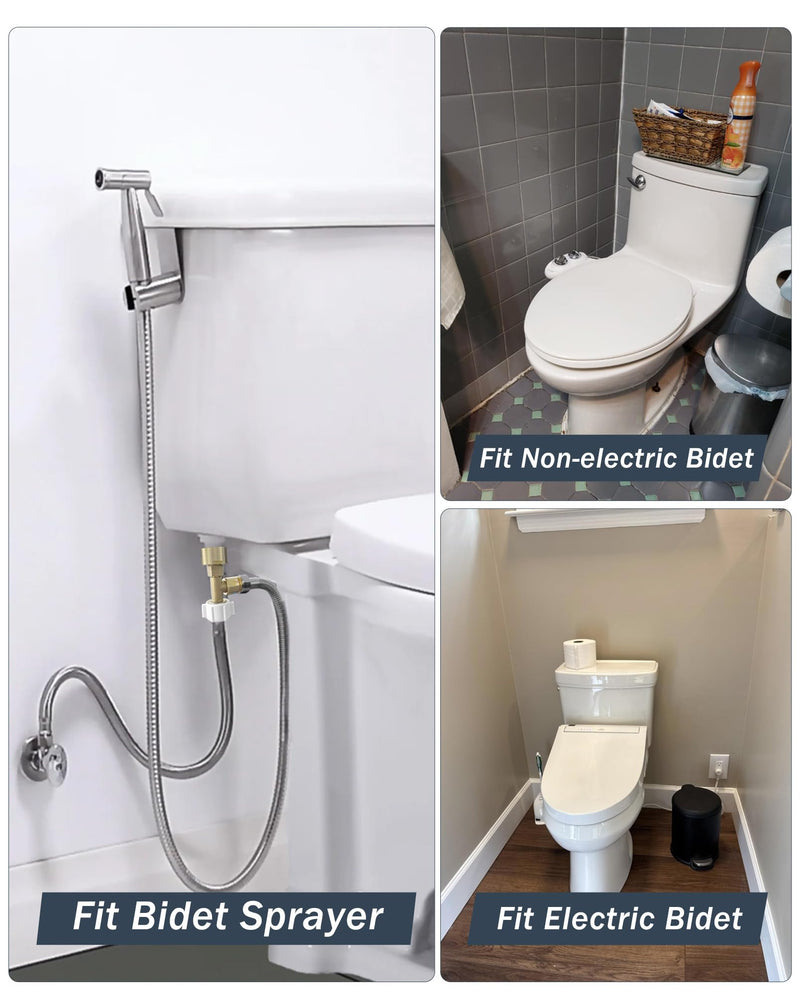 Universal Bidet T Adapter for Any Brand Bidet Hose, All-in-One Solution fit Toilet Tank Inlet or Angle Valve Outlet, 3/8"-7/8"-1/2", Brass Made